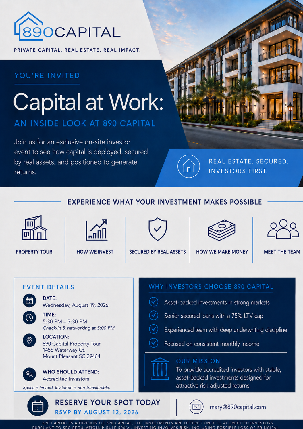 Capital at Work: An Inside Look at 890 Capital - August 19, 2026 accredited-investor event flyer, 1456 Waterway Ct., Mount Pleasant SC